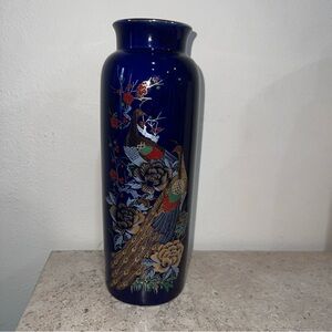 Gorgeous Cobalt Blue Japanese Vase Peacock, Floral Metallic Colors 10” tall